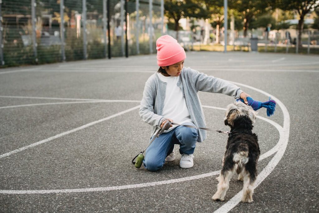 A person holding a lead with a happy dog looking up.