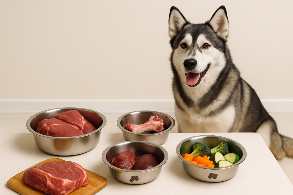 Ingrédients frais pour le régime BARF du chien sur une table de cuisine